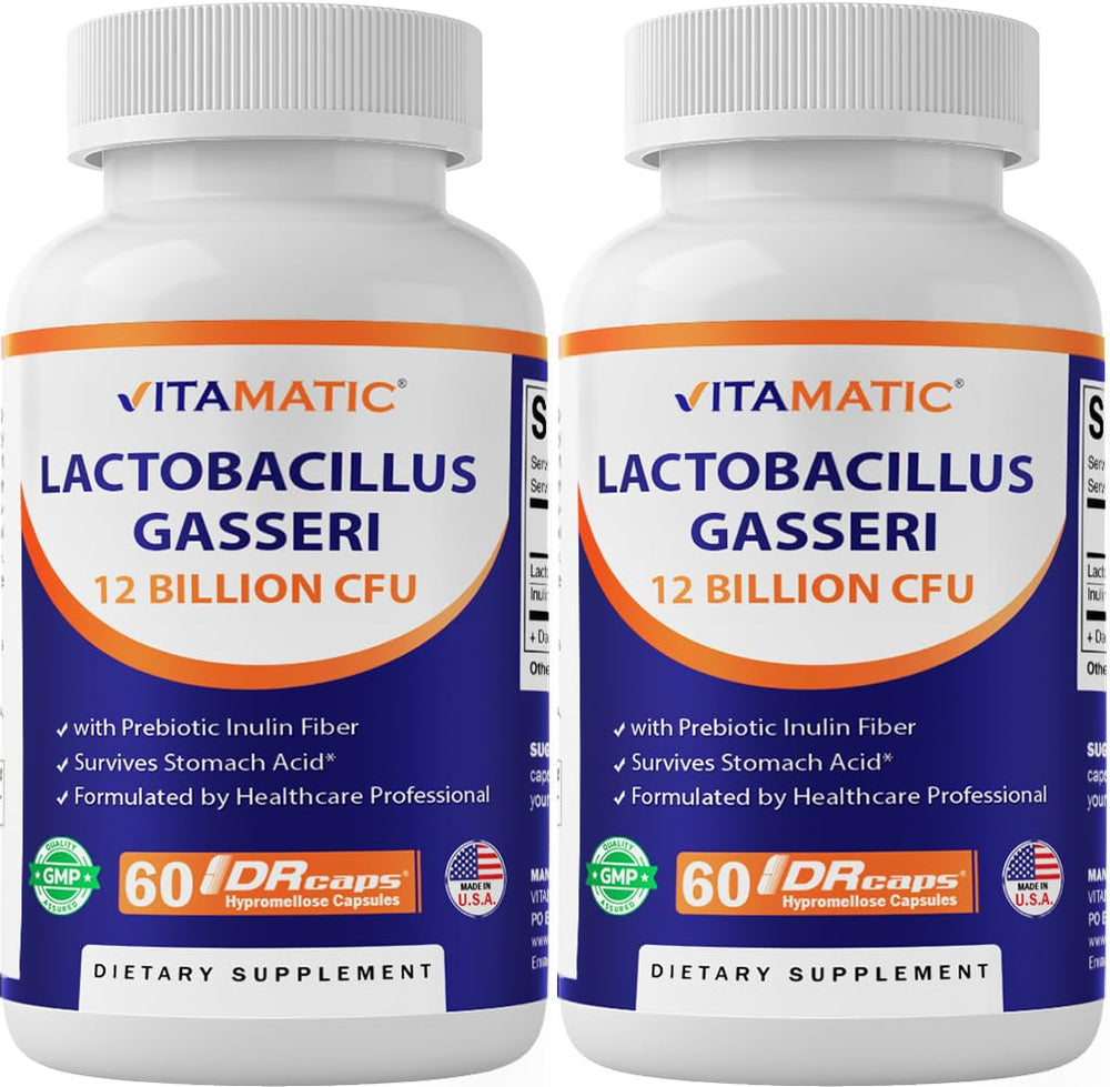 Vitamatic Lactobacillus Gasseri 12B CFU DR capsule bottle for digestive support.