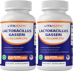 Vitamatic Lactobacillus Gasseri 12B CFU DR capsule bottle for digestive support.