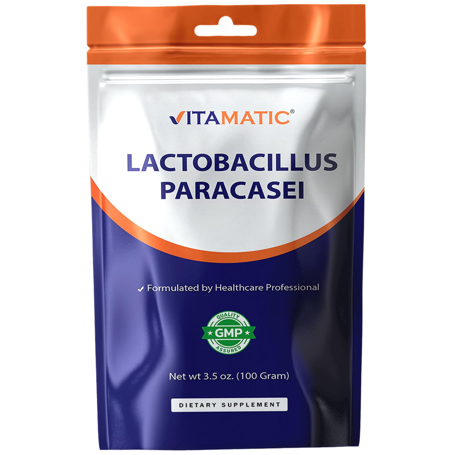 Vitamatic Lactobacillus Paracasei probiotic powder bottle shows high potency powder for daily digestive support