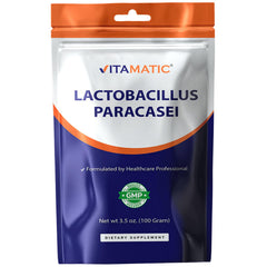 Vitamatic Lactobacillus Paracasei probiotic powder bottle shows high potency powder for daily digestive support