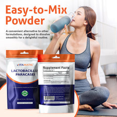 Vitamatic probiotic powder label closeup highlights non-GMO and gluten-free status