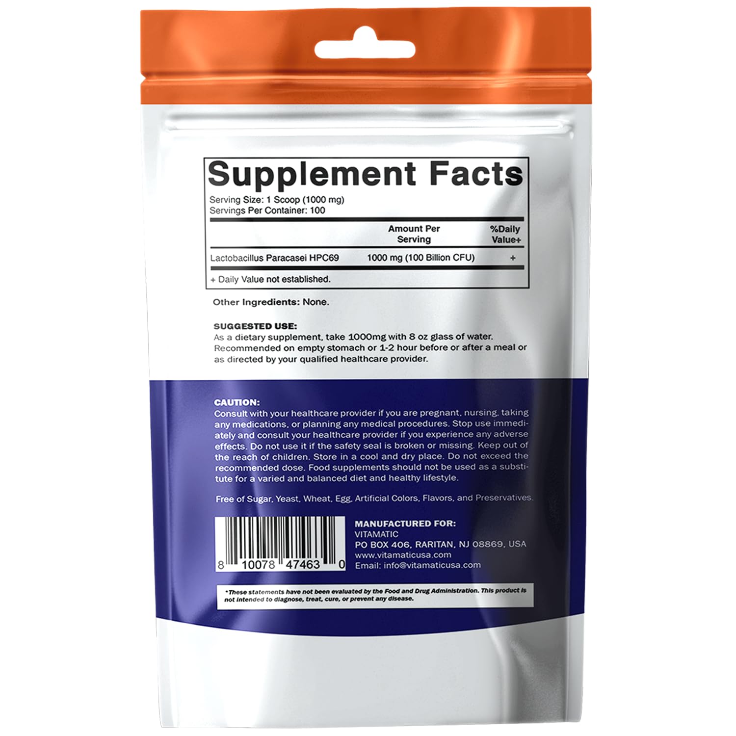 Vitamatic probiotic powder pouch with clear labeling for daily use