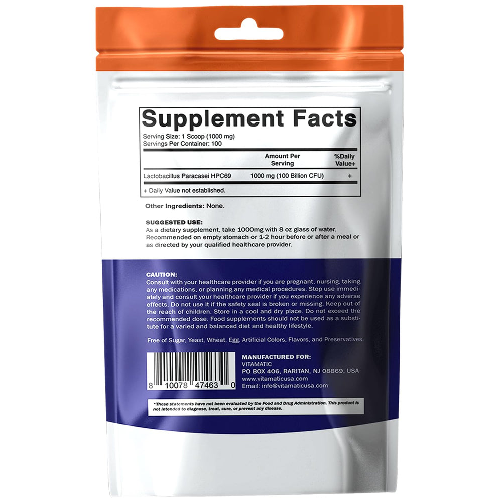 Vitamatic probiotic powder pouch with clear labeling for daily use