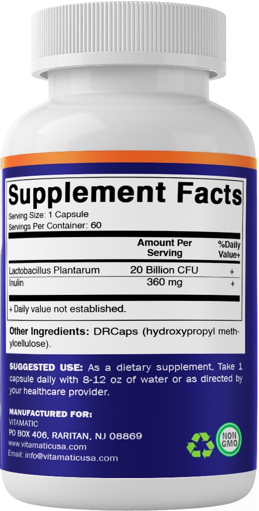 Vitamatic Lactobacillus Plantarum nutrition label with key details.