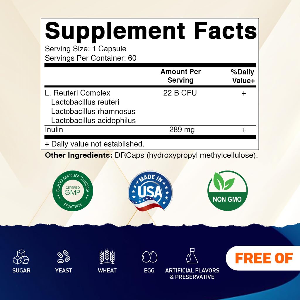 Vitamatic Lactobacillus Reuteri Complex bottle back shows ingredients and directions.