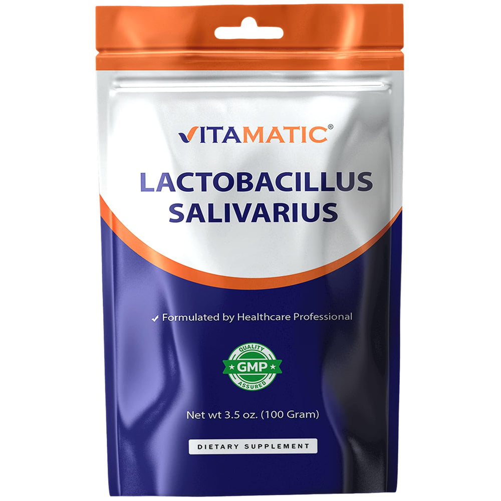 Vitamatic Lactobacillus Salivarius probiotic powder bottle shows high potency for daily use.