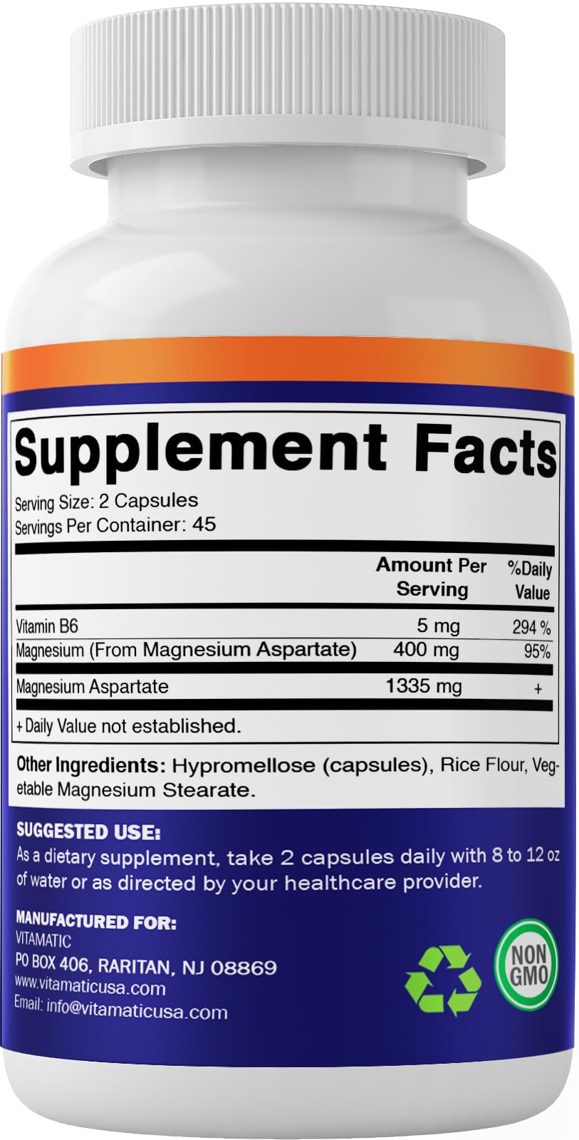 Vitamatic Magnesium Aspartate capsules in hand indicating gluten-free and non-GMO