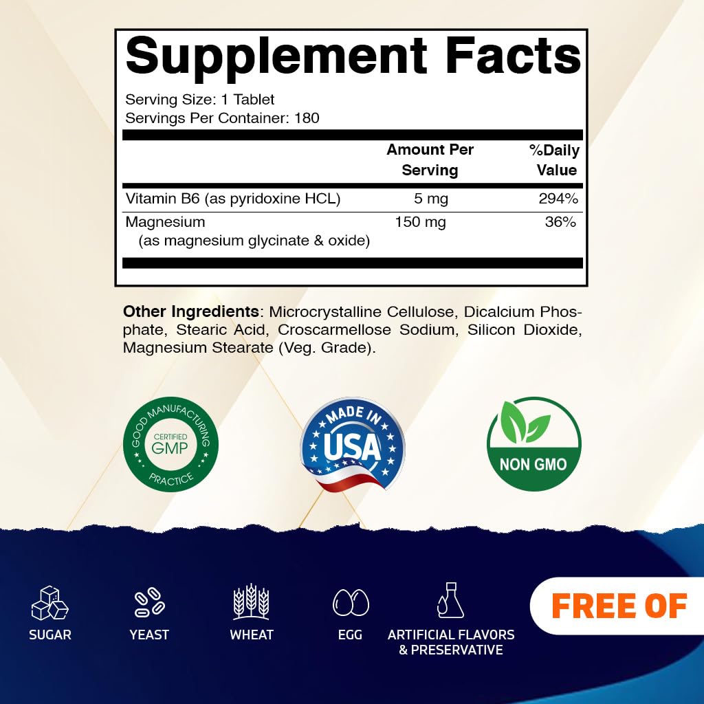 Vitamatic Magnesium with B6 bottle back displays supplement facts and usage notes