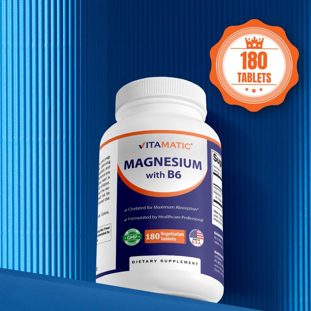 GMP facility logo on Vitamatic Magnesium with B6 packaging indicating quality manufacturing