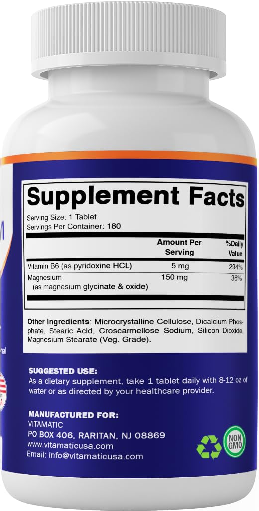 Uncoated Vitamatic Magnesium with B6 tablets displayed next to bottle