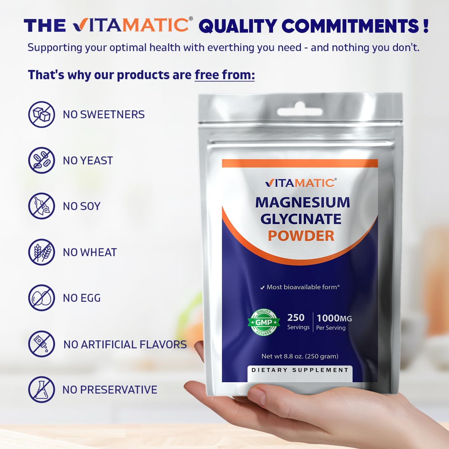 Vitamatic Magnesium sugar-free formula avoids common allergens.