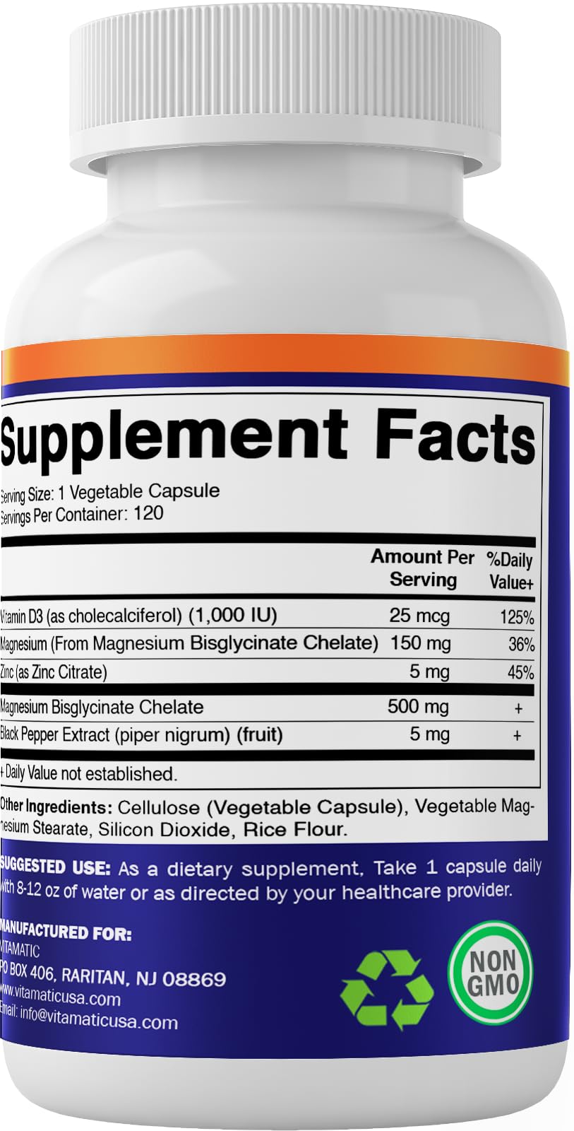 Gluten-free and non-GMO label on Vitamatic Magnesium bottle.