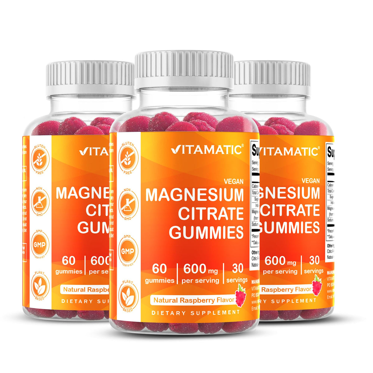 Vitamatic Magnesium Gummies Raspberry bottle—delicious daily relaxation and muscle support