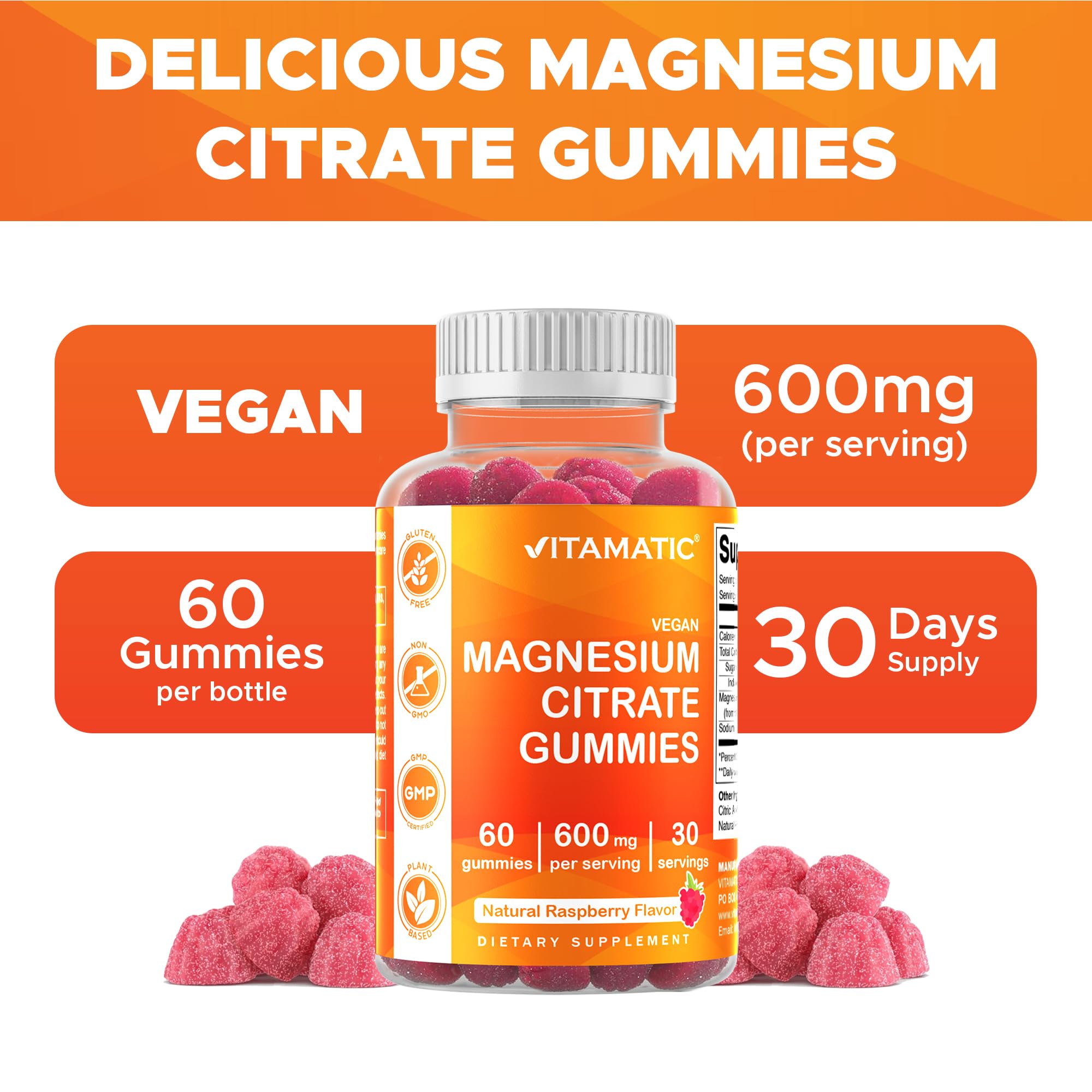 Vitamatic vegan pectin-based gummies provide plant-based magnesium support.