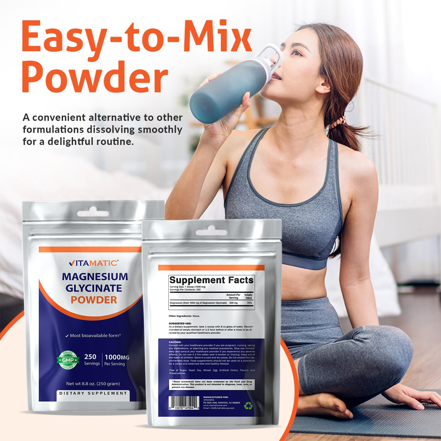 Vitamatic Magnesium glycinate-oxide blend supports enzyme function and muscle activity.