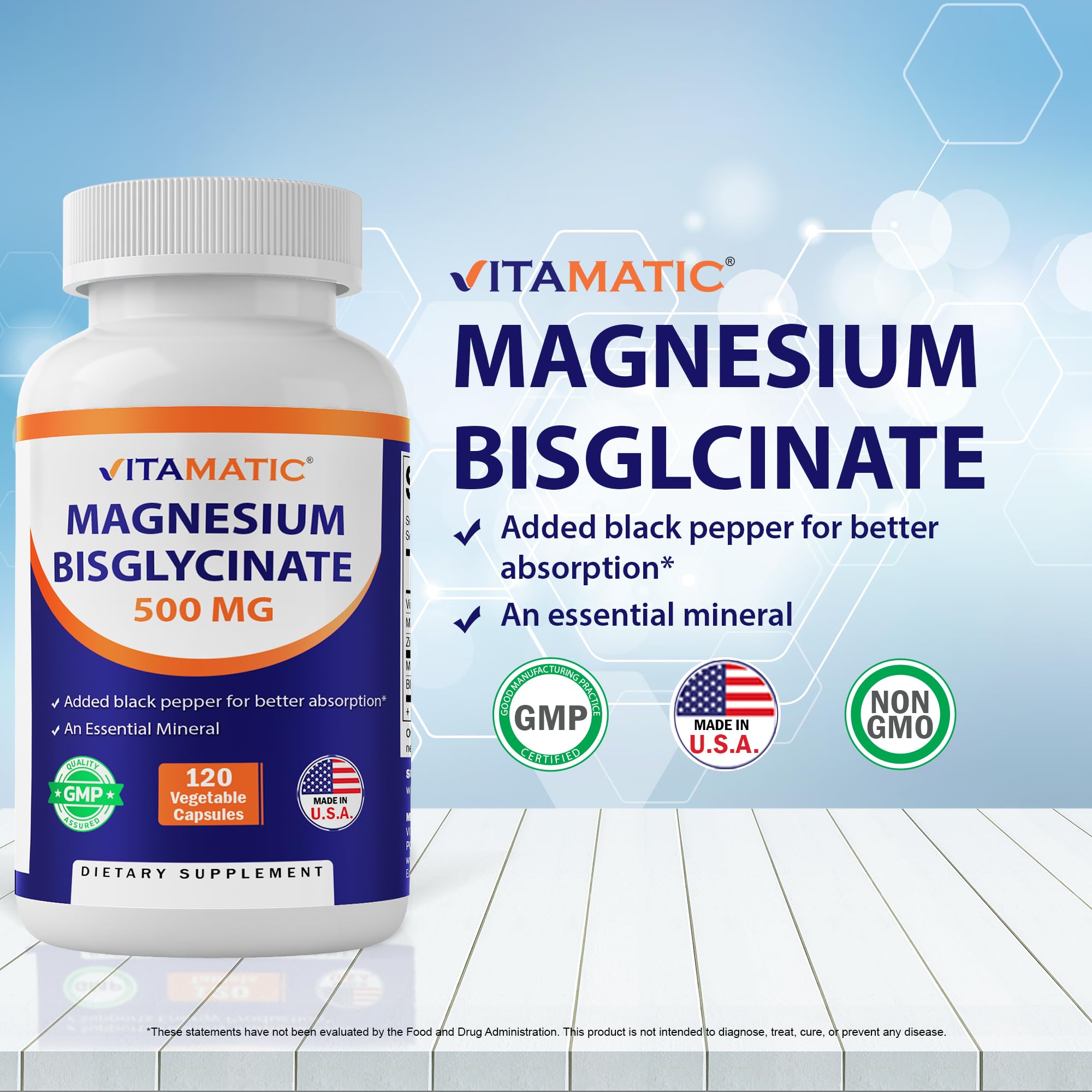 Ingredient panel for Vitamatic Magnesium with D3 and zinc and absorption boosters.