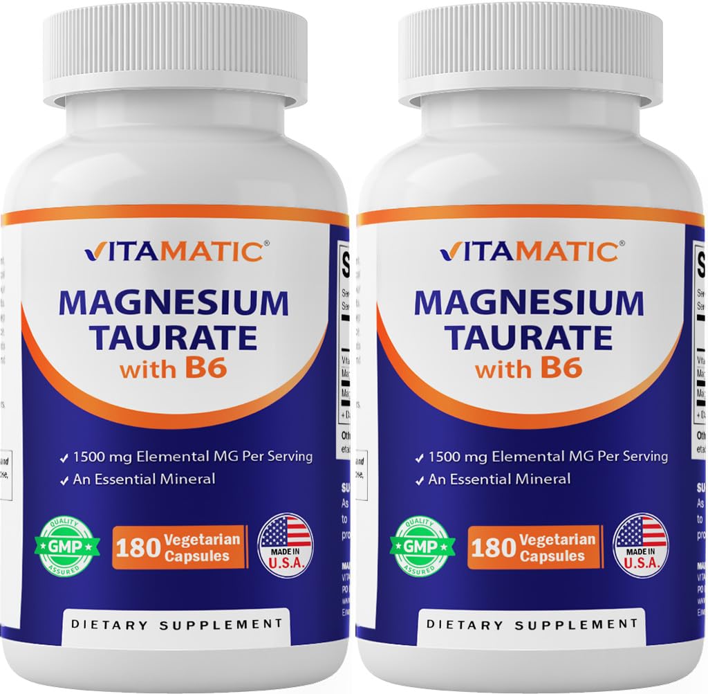 Vitamatic Magnesium Taurate bottle shows 1500 mg per serving for daily support
