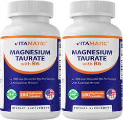 Vitamatic Magnesium Taurate bottle shows 1500 mg per serving for daily support