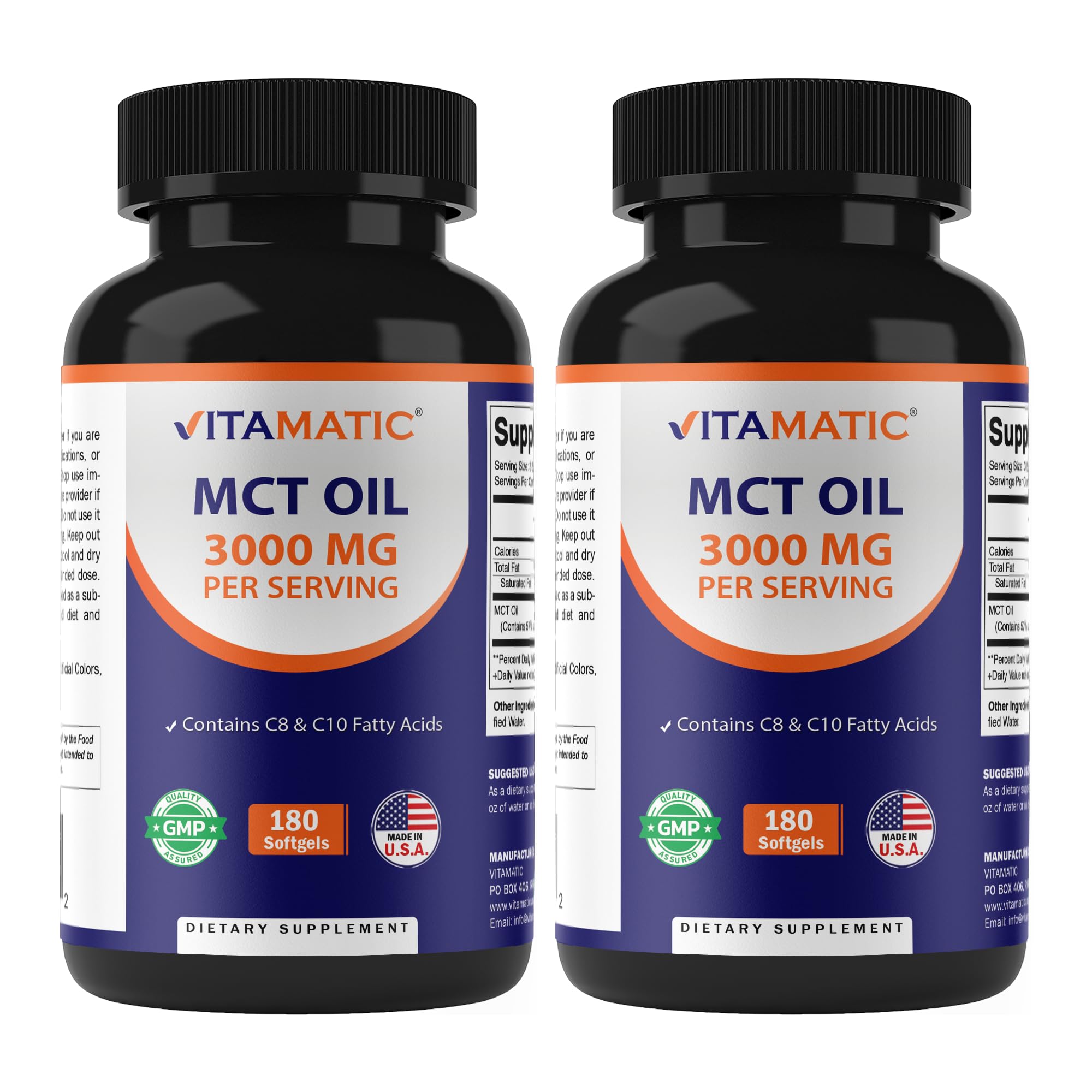 Vitamatic MCT capsules bottle front for coconut-based energy support.
