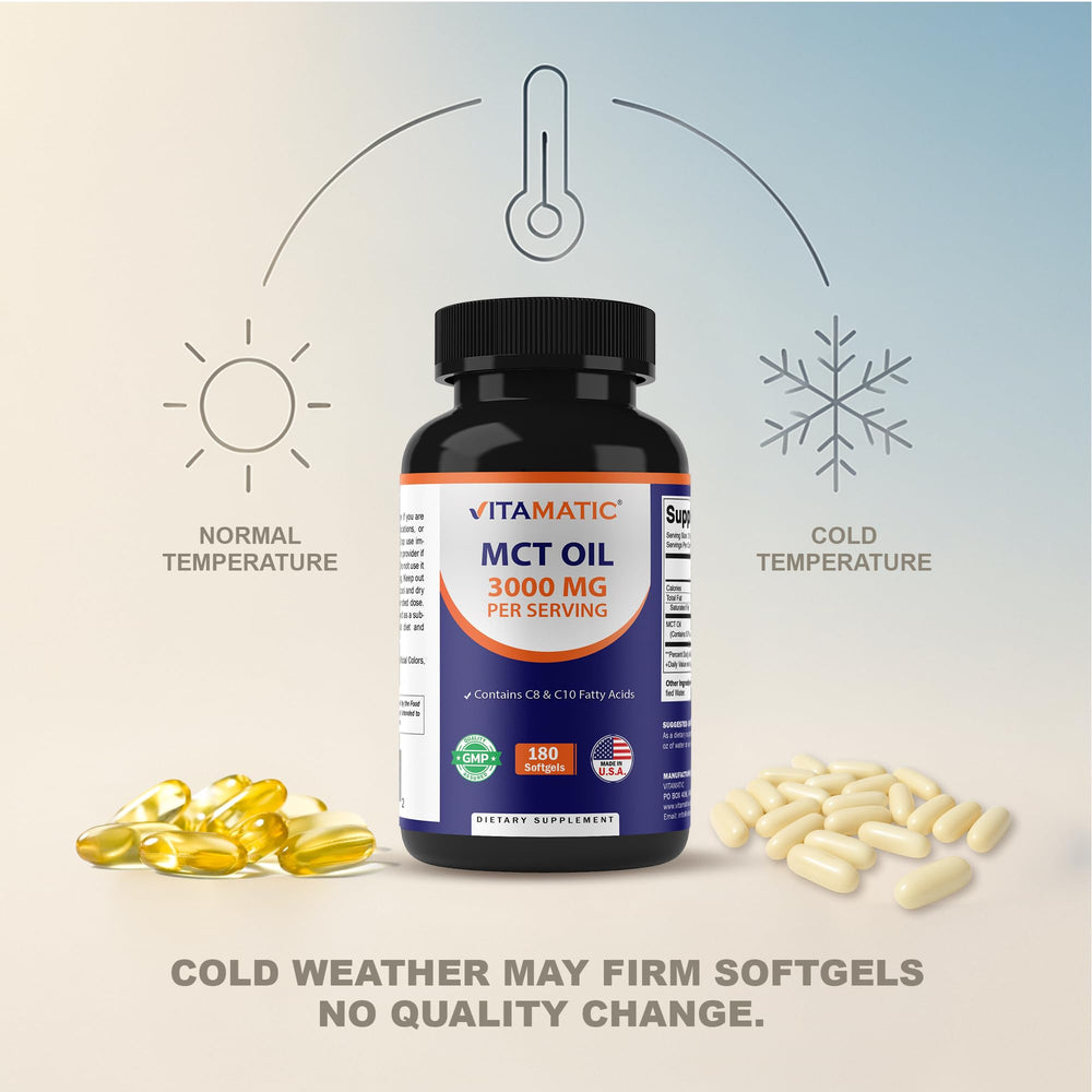 Vitamatic MCT capsules with gluten-free and non-GMO icons visible.