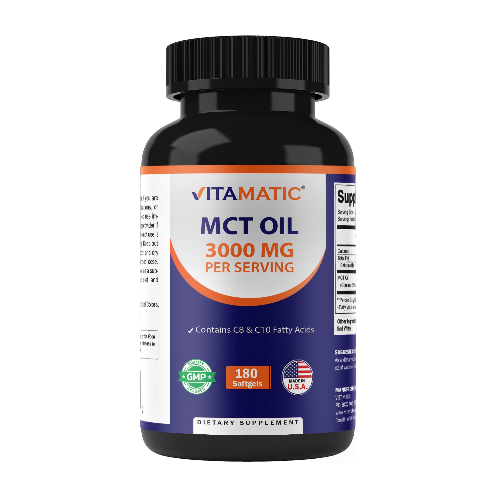Vitamatic MCT Oil bottle close-up highlighting coconut-based C8 and C10 sources