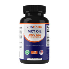 Vitamatic MCT Oil bottle close-up highlighting coconut-based C8 and C10 sources