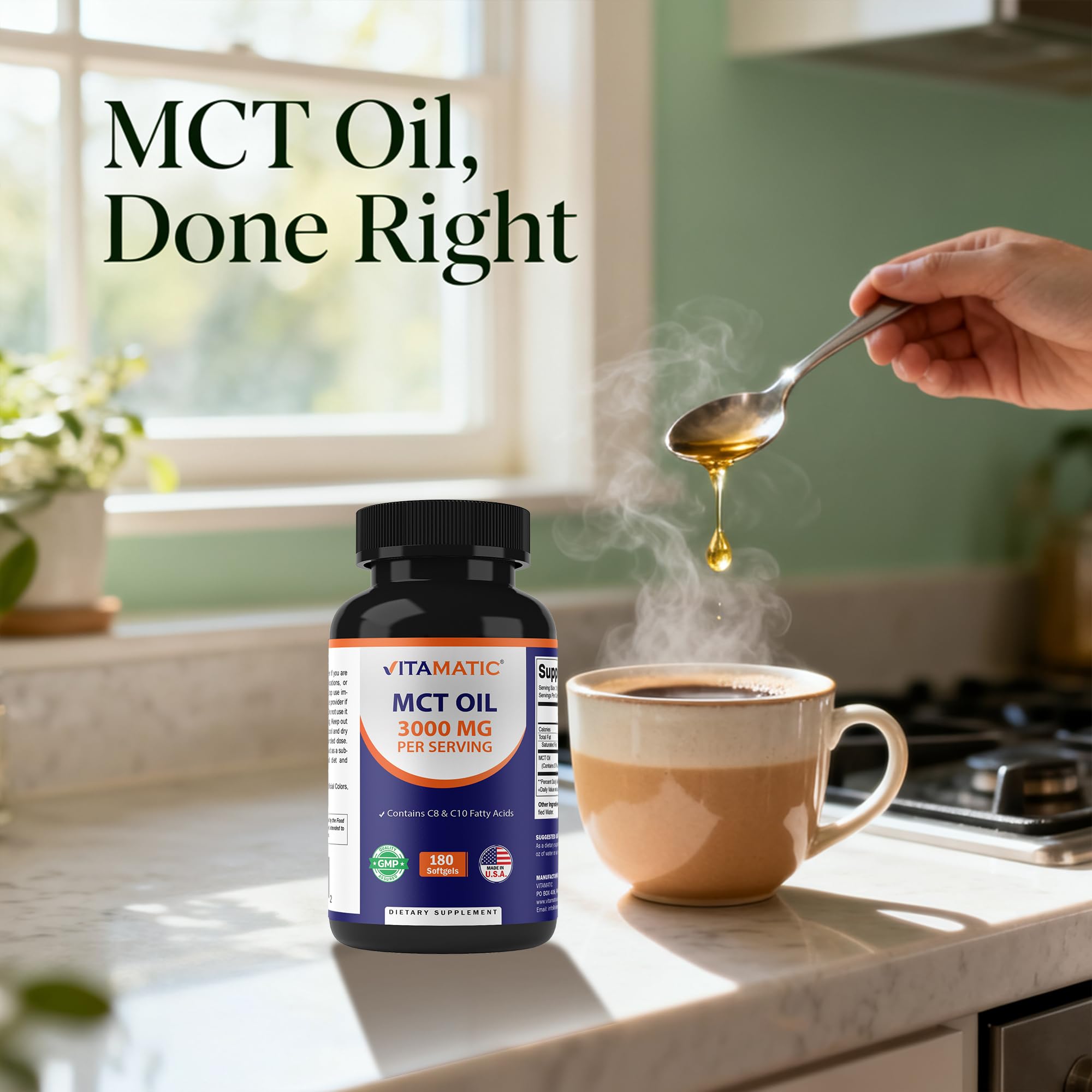 Vitamatic MCT Oil keto-friendly graphic illustrates support during ketogenic diets