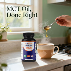 Vitamatic MCT serving on coffee or smoothie for convenient use.