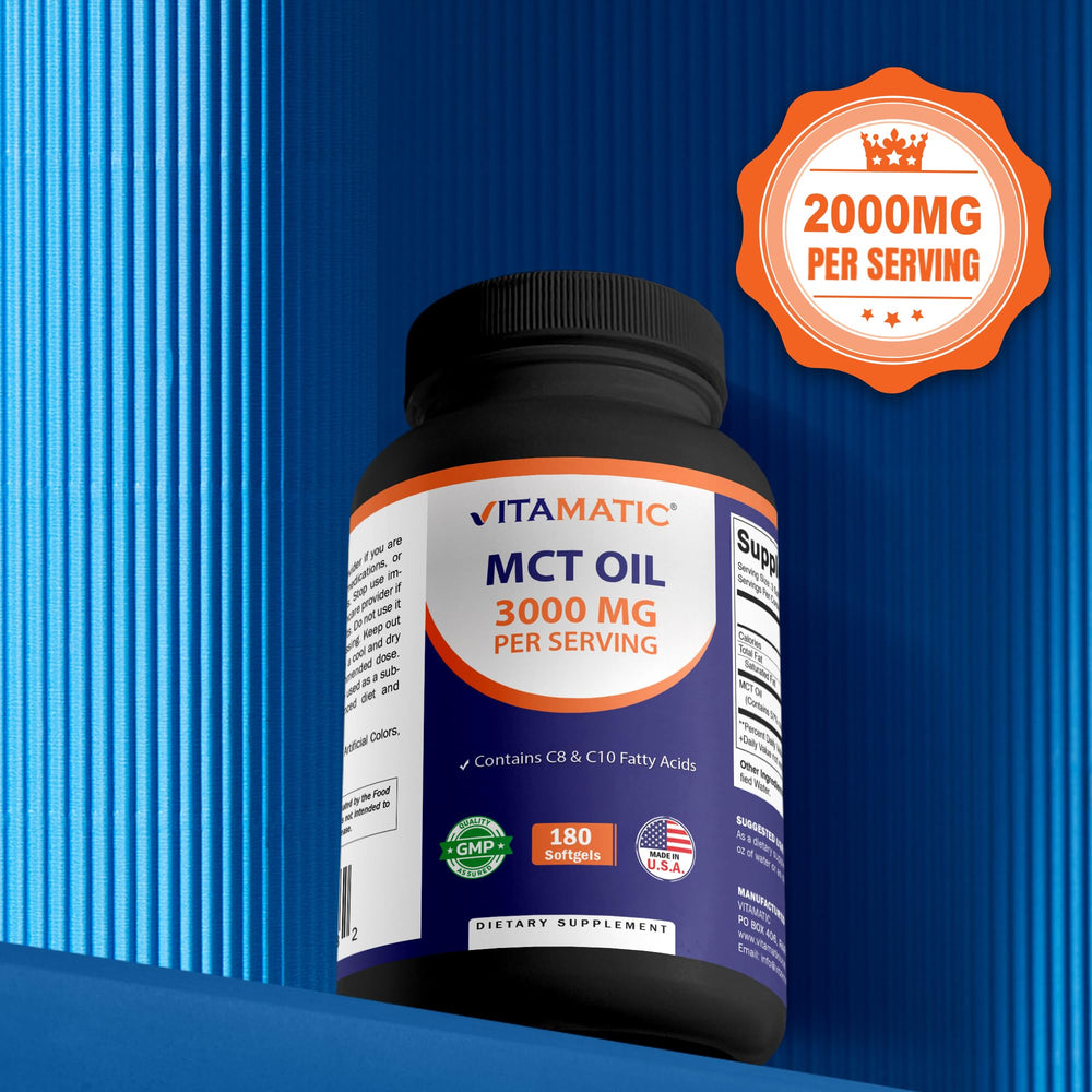 Vitamatic MCTs made in the USA label close-up with GMP emphasis.