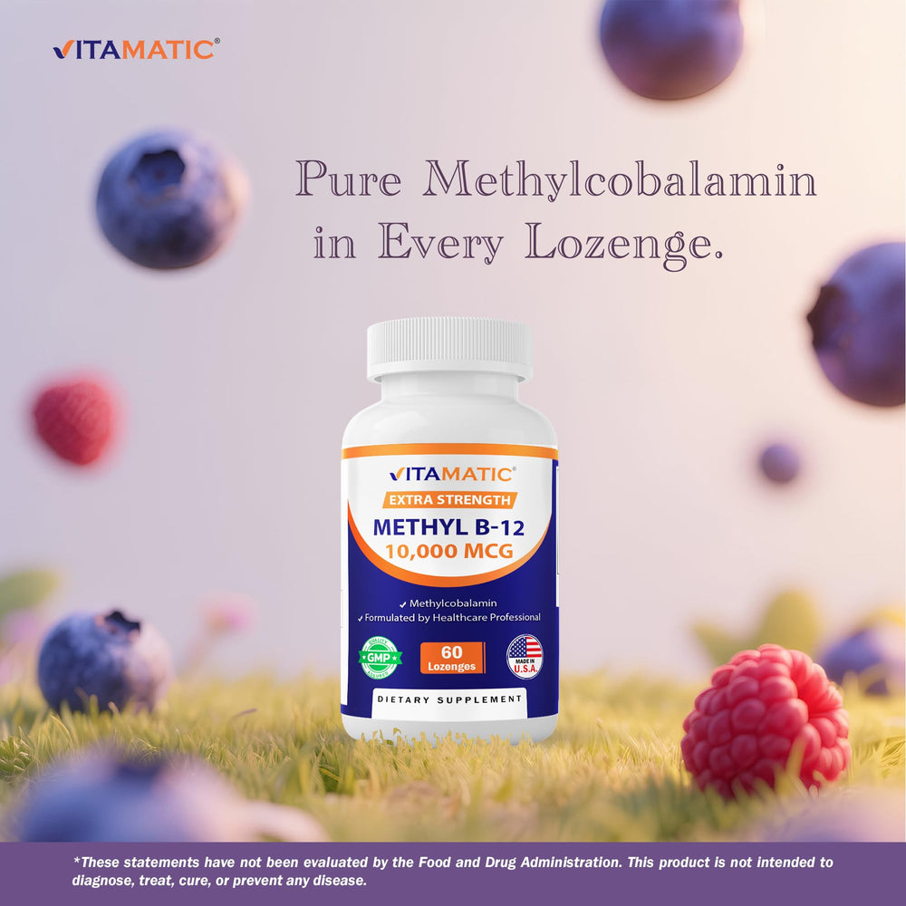 Vitamatic Methyl B12 label info image emphasizes 60 lozenges per bottle.