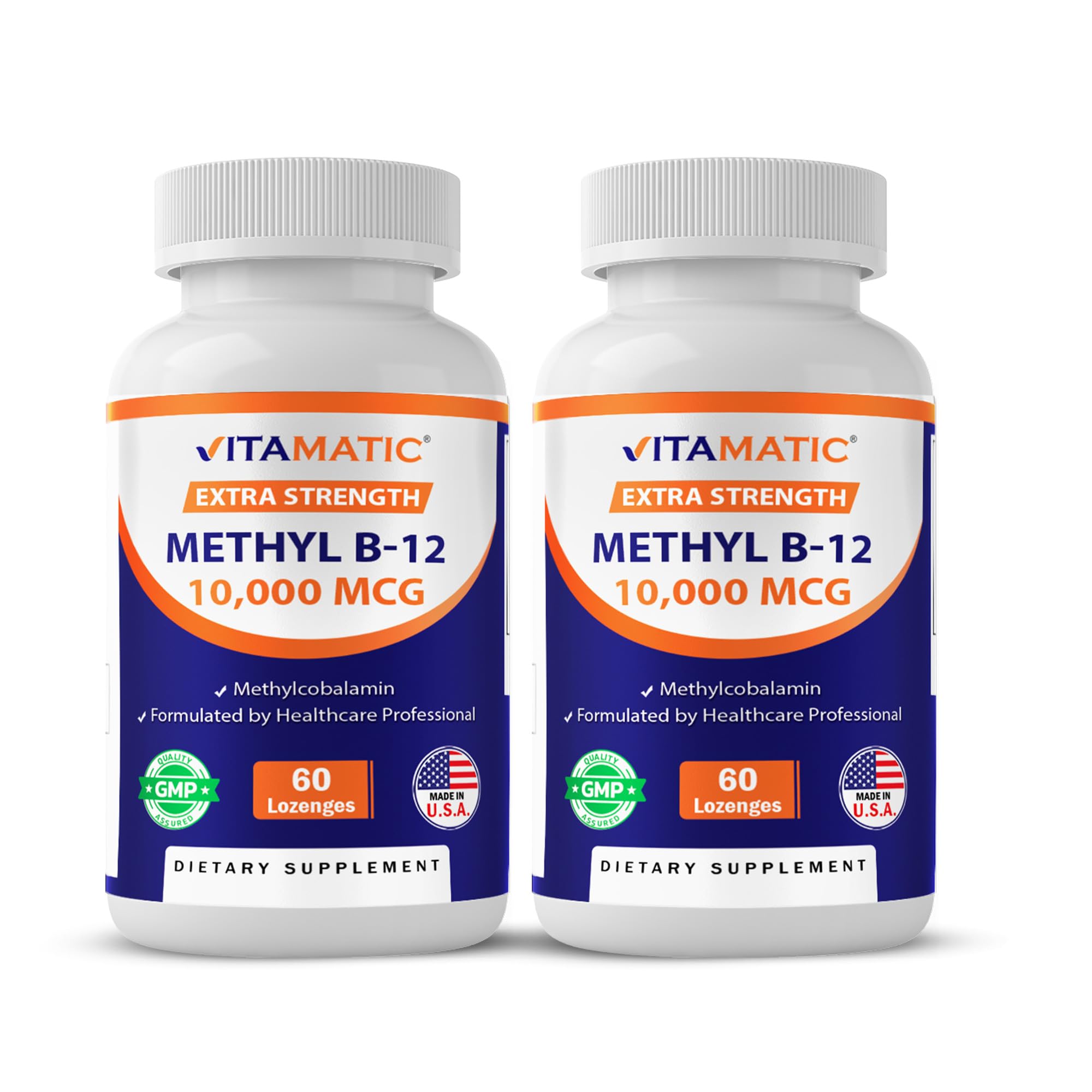 Vitamatic Methyl B12 lozenge front copy shows 10,000 mcg dosage and clear non-GMO branding.