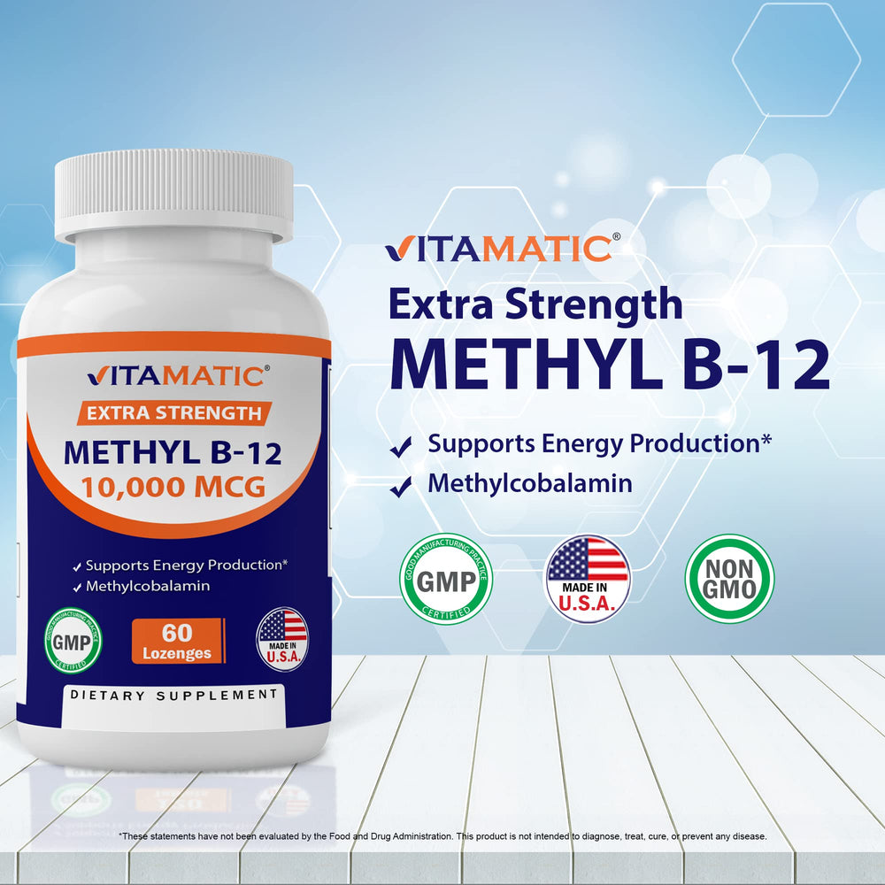 Two Vitamatic Methyl B12 bottles in pack for convenient daily use.