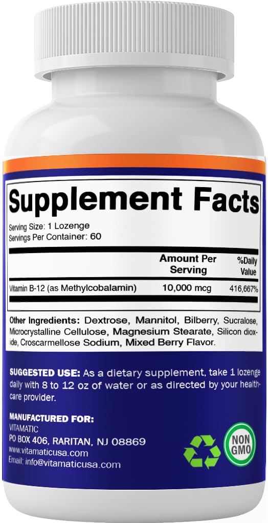 Vitamatic Methyl B12 lozenge on shelf conveys ready-to-use daily supplement.
