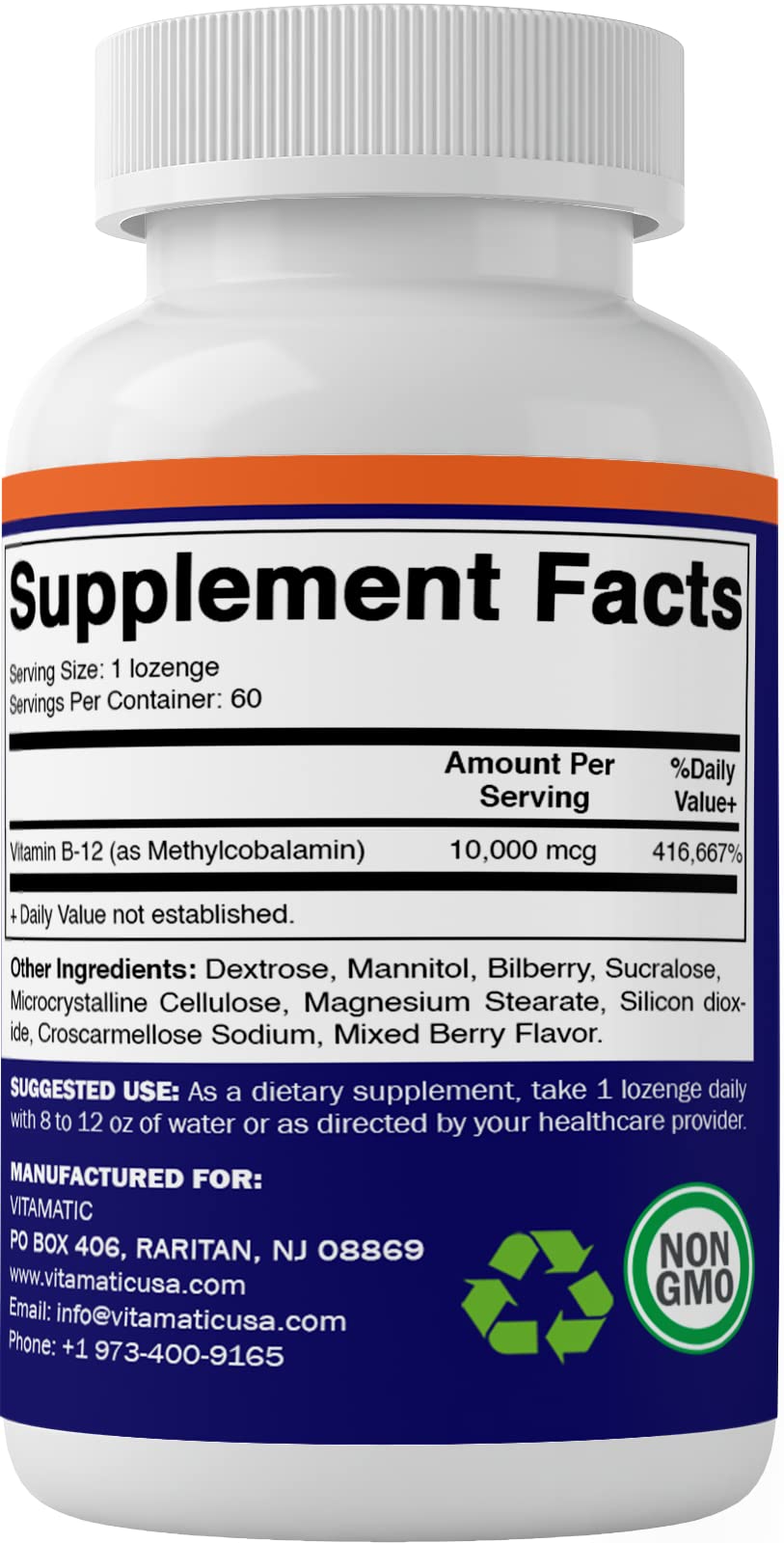 USA GMP facility badge on Vitamatic Methyl B12 packaging.