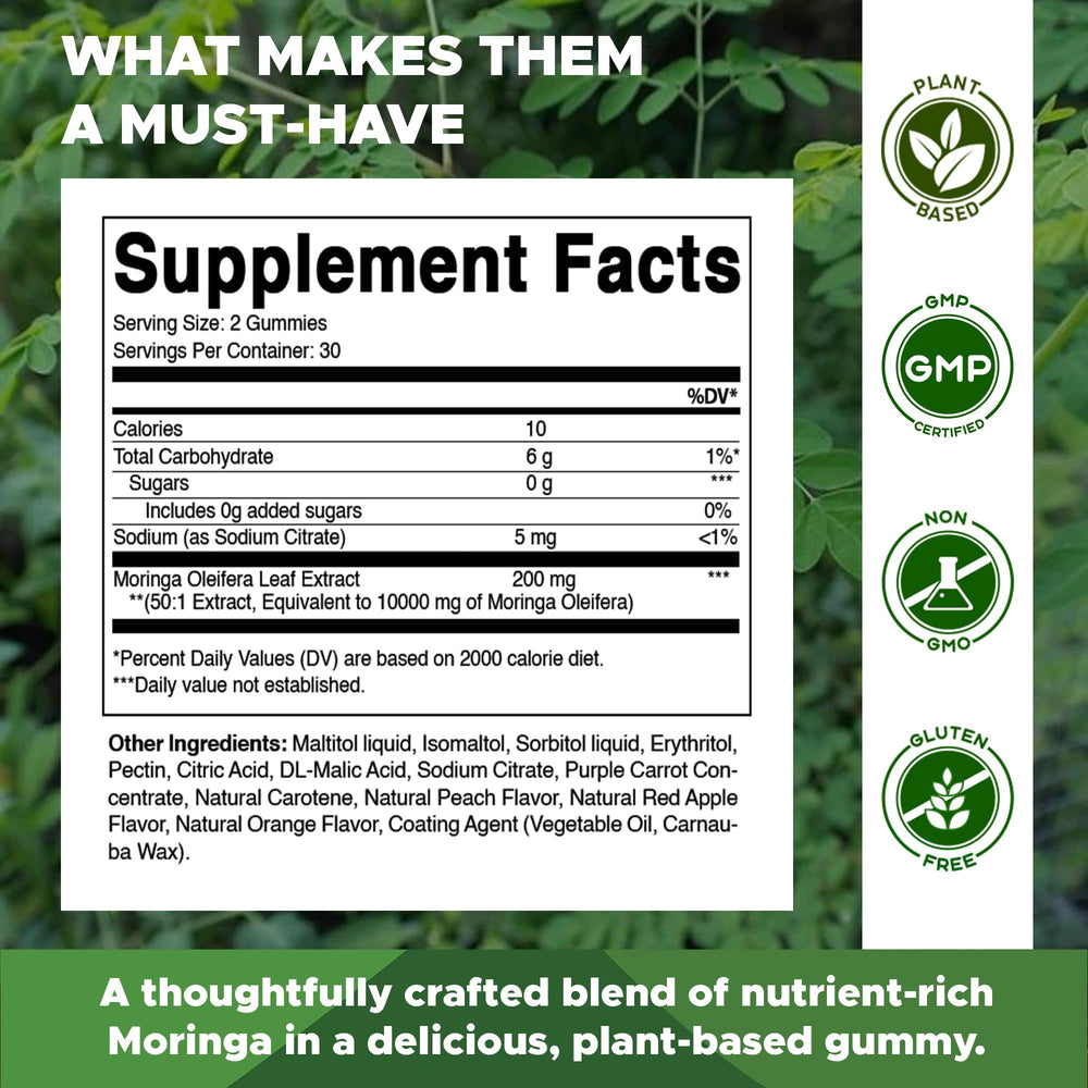 Vitamatic Moringa Gummies bottle back label with nutrition details