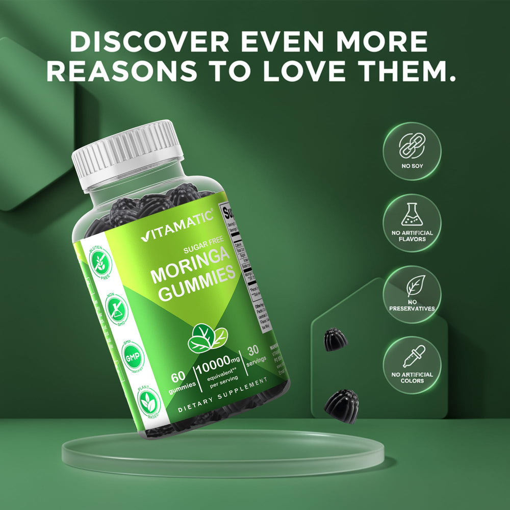 Vitamatic Moringa Gummies closeup texture highlights chewy plant-based goodness