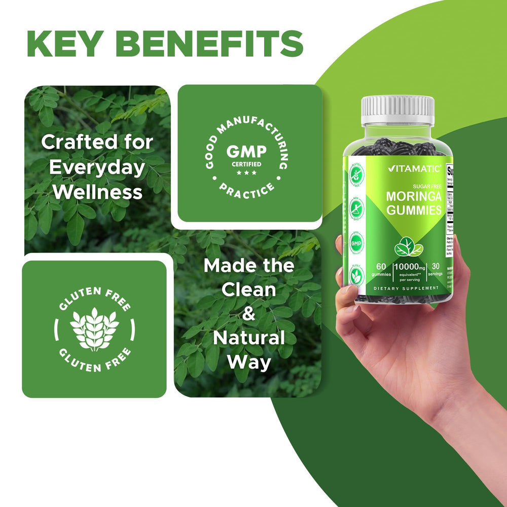 Vitamatic Moringa Gummies peach flavor closeup suggests fruity delight