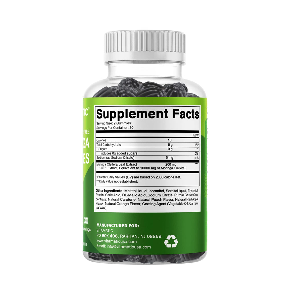 Vitamatic Moringa Gummies vegan-friendly icon emphasizes plant-based formula
