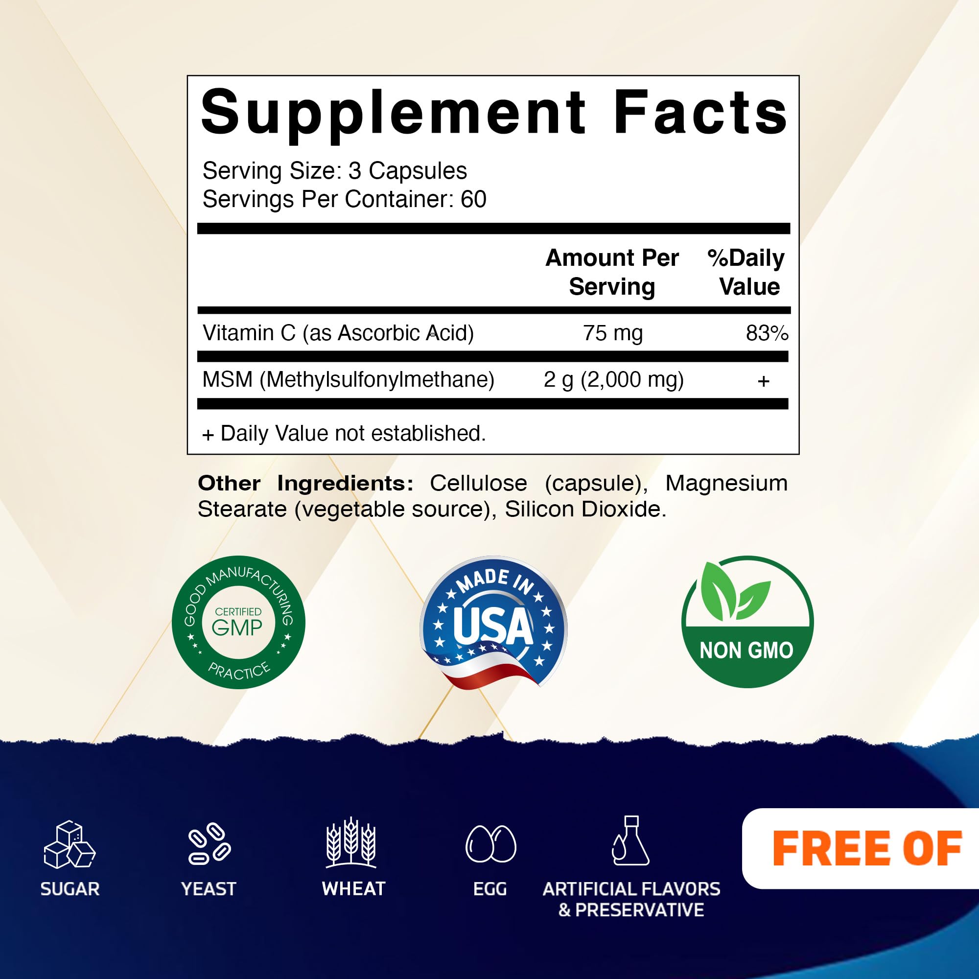 Vitamatic MSM 2000 mg capsules close-up, vegan capsules for daily use