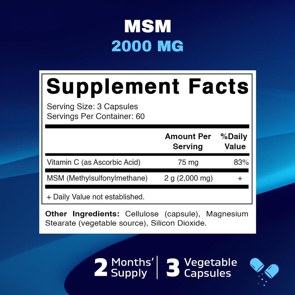Vitamatic MSM 2000mg capsules close-up showing capsule texture and size.