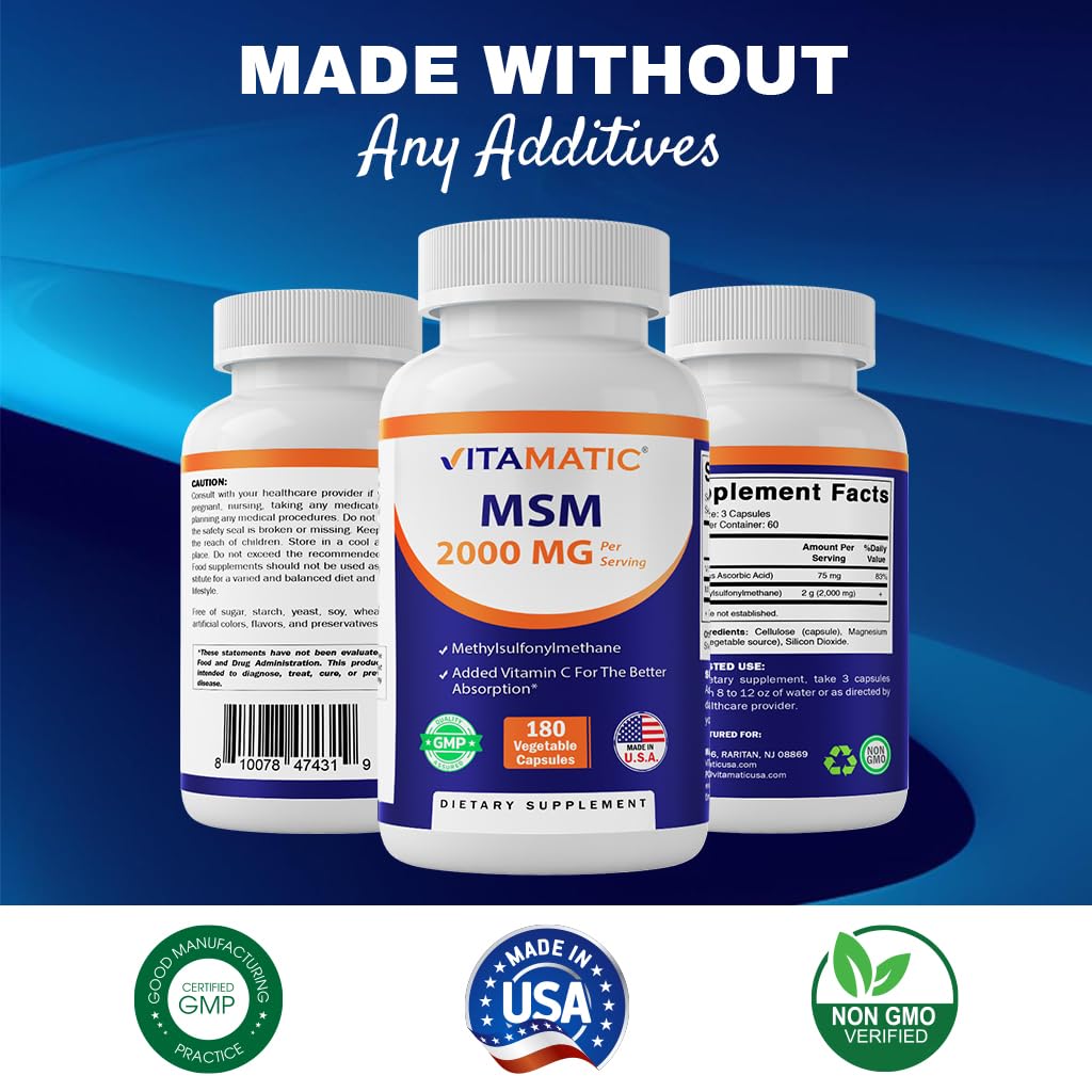 Vitamatic MSM 2000mg usage scene, capsule bottle beside a glass of water.