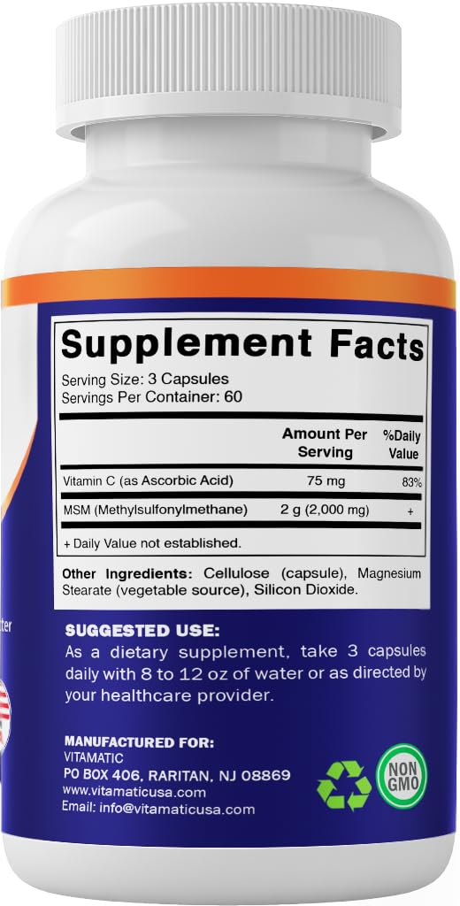 Vitamatic MSM 2000mg facility badge indicating USA-made quality and standards.