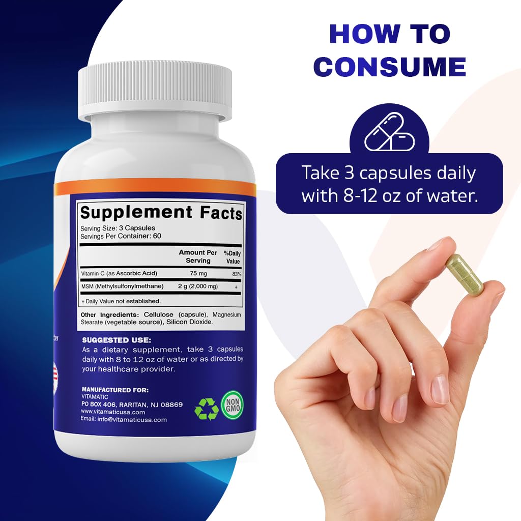 Vitamatic MSM 2000mg pack of 2 boxes highlighting value and convenience.