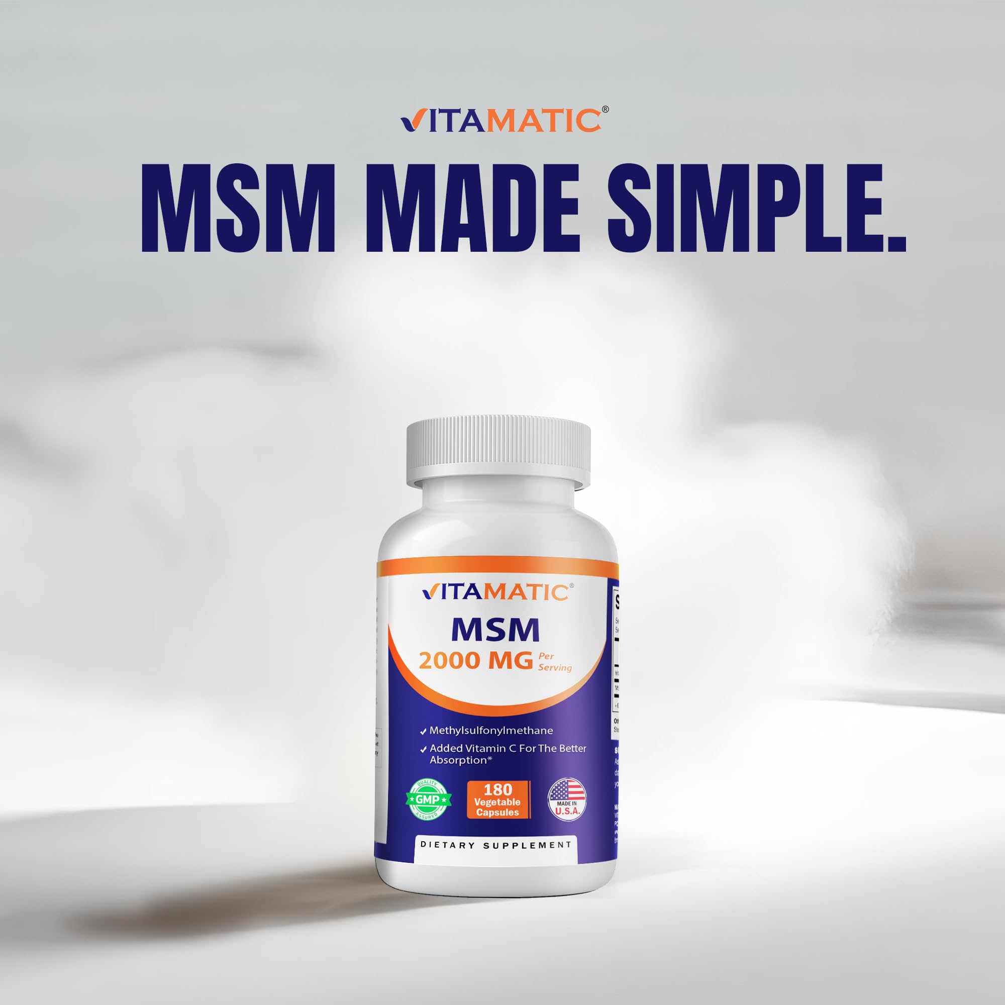 Vitamatic MSM 2000 mg USA manufacturing seal on packaging