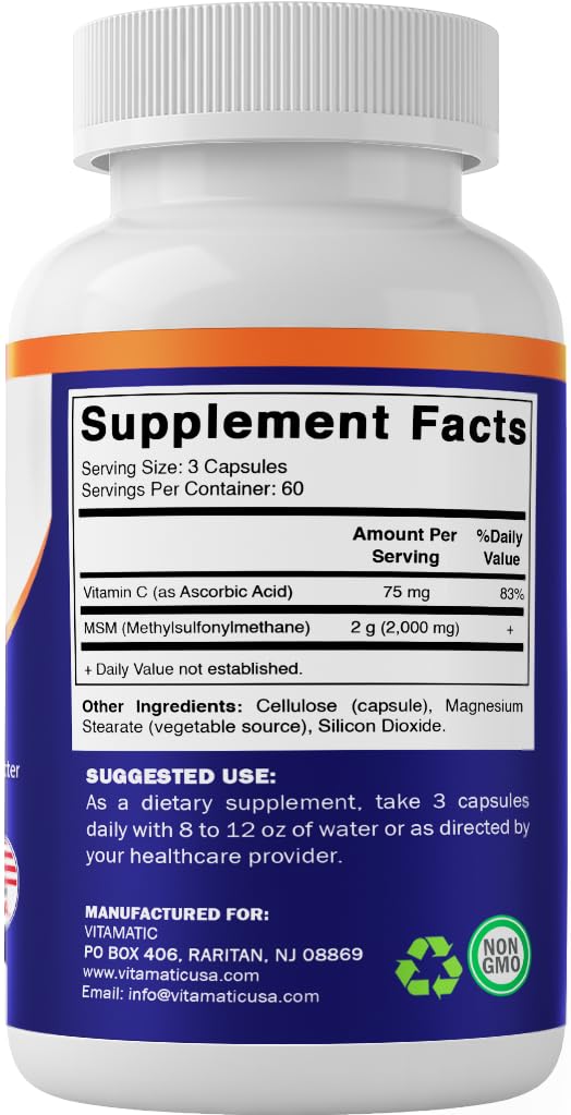 Vitamatic MSM 2000 mg vegan capsules packaging for easy daily use