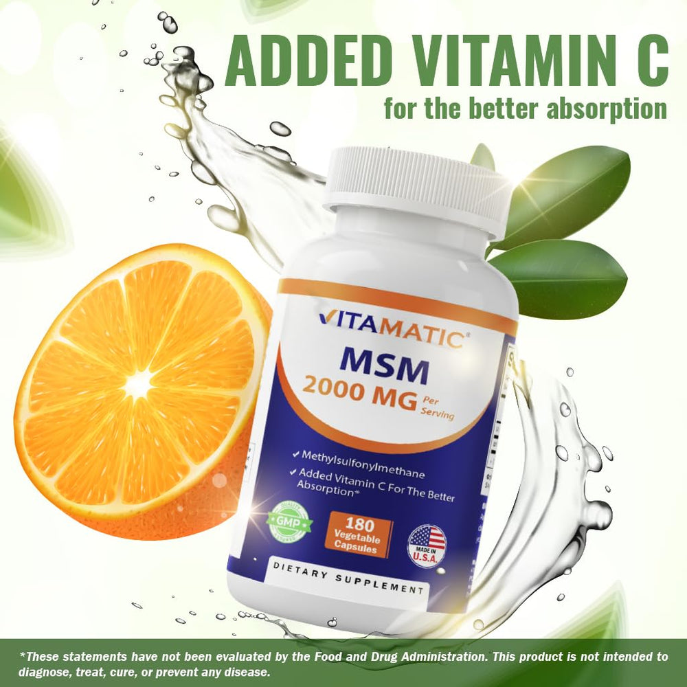 Vitamatic MSM 2000mg bottle with Vitamin C boost visual for absorption.