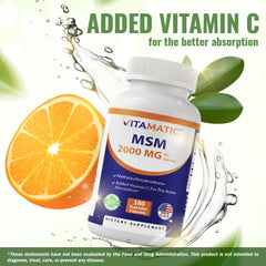 Vitamatic MSM 2000mg bottle with Vitamin C boost visual for absorption.