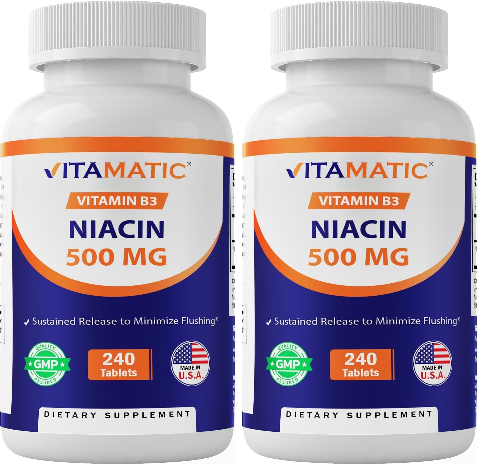 Vitamatic Niacin 500mg tablets close-up with smooth coating for easy swallowing