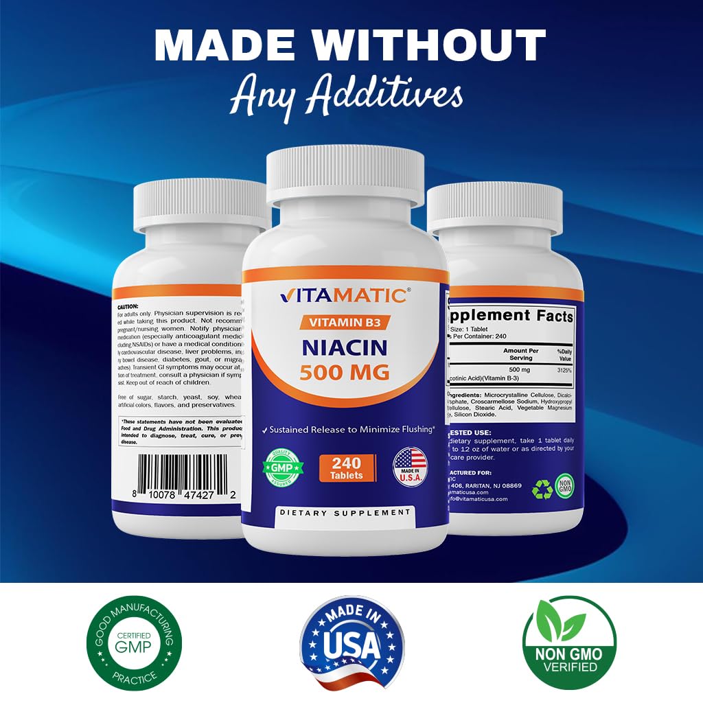 Vitamatic Niacin bottle side label with ingredient highlights