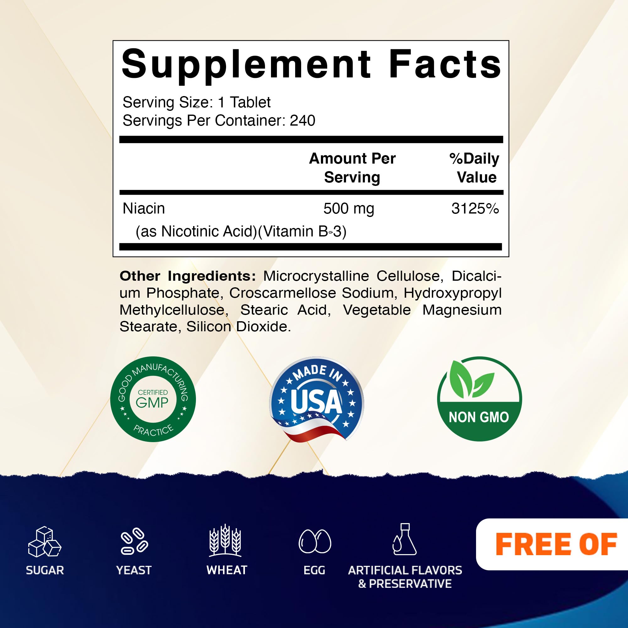 Vitamatic Niacin tablets close-up showing 500 mg dosage and smooth coating.